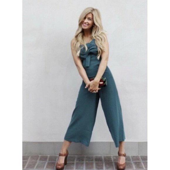 Anthropologie Hailee C Strapless Wide Leg Jumpsuit Bow Cropped Green Women’s 2 - Picture 4 of 9
